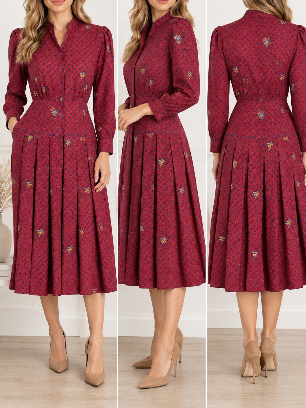 Vtg Kathryn Conover Shirtwaist Midi Dress Red Equestrian Preppy Horse Pleated 6